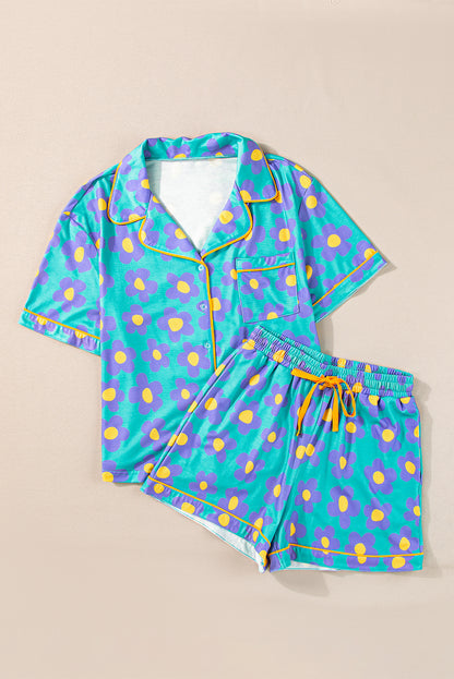 Pink Flower Print Short Sleeve Shirt Pajamas Set