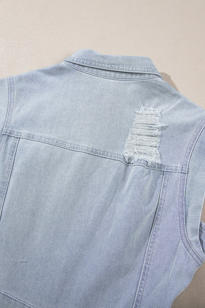 Lichtblauwe Acid Wash Klepzakken Gerafelde Denim Jurk