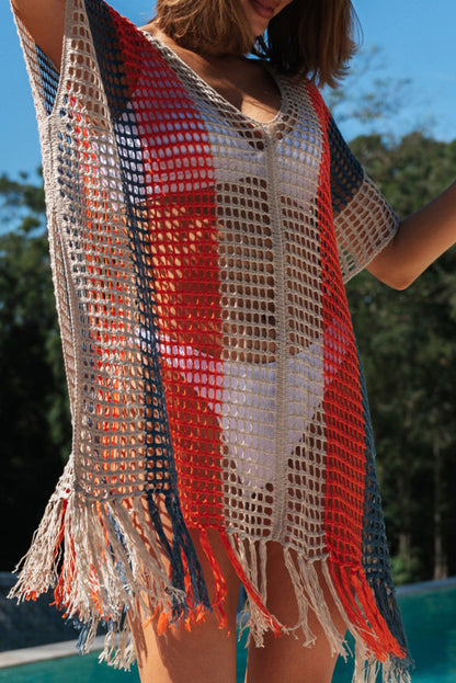 Cache-maillot de plage à rayures multicolores et col en V avec pompons au crochet