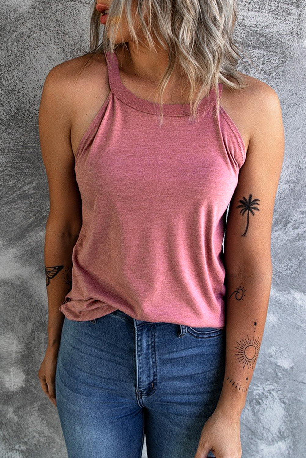 White Solid Color Crew Neck Tank Top