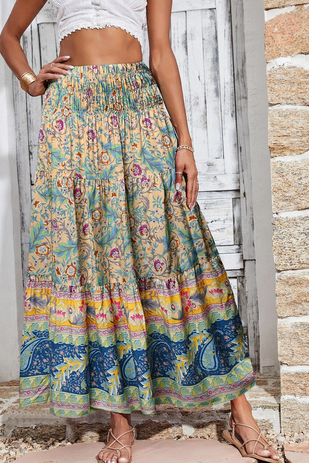 Hemelsblauwe Boho Bloemen &amp; Paisley Print Geplooide Taille Lange Rok