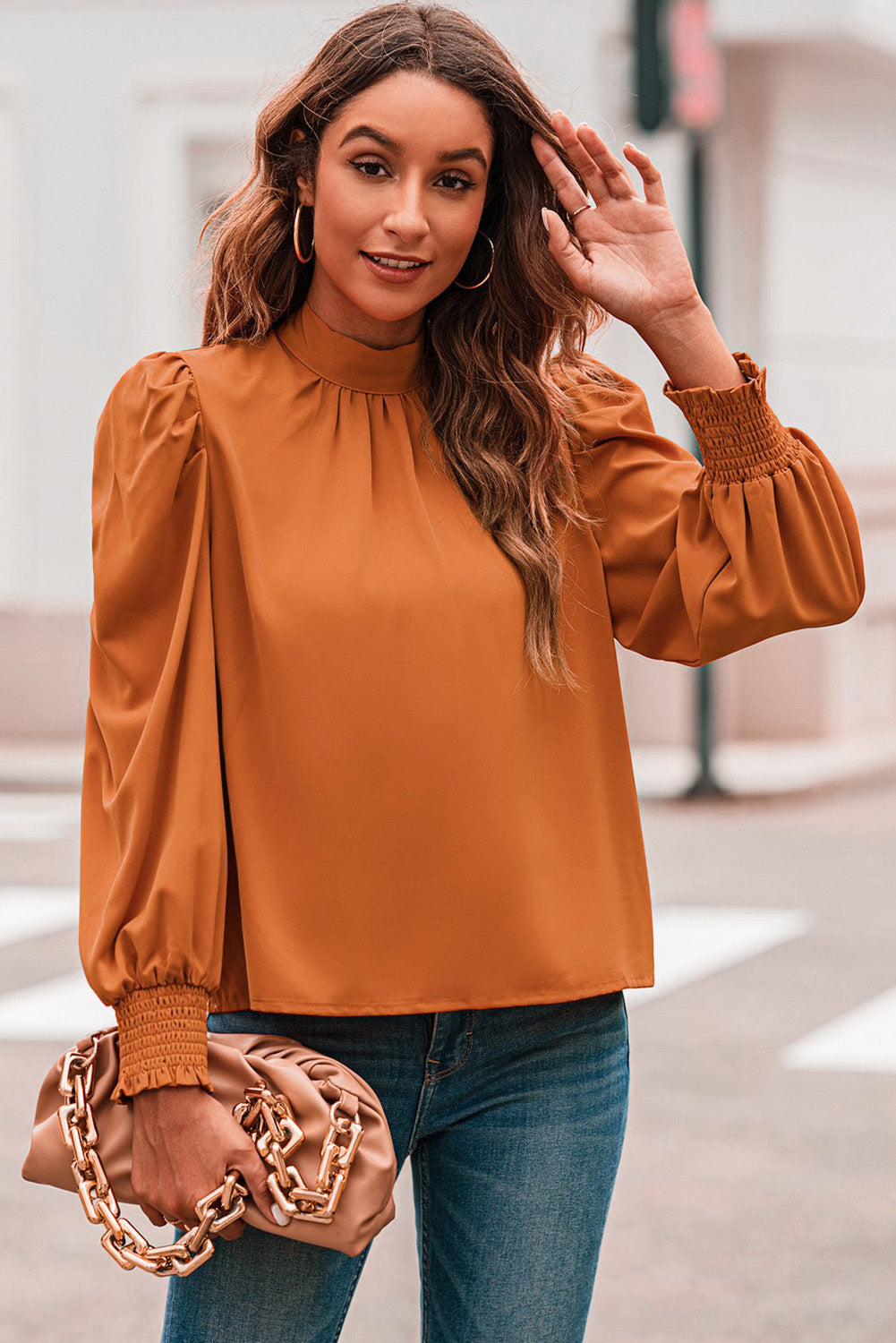 Oranje lange bubbelmouw nephals chiffon blouse