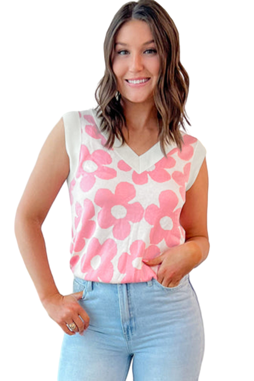 Roze schattige bloem gebreide tanktop met V-hals