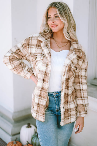 Khaki Sherpa Plaid-jas met knoopsluiting en zakken