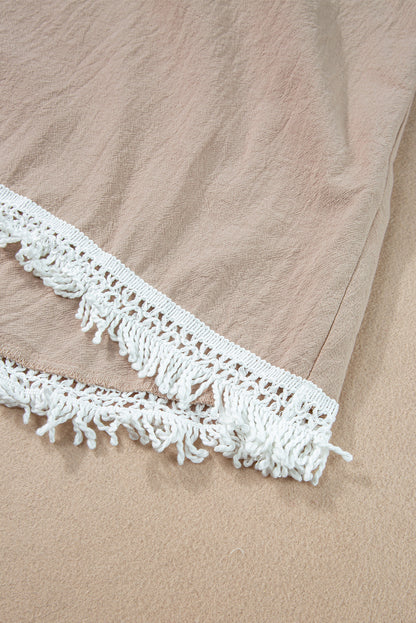 Pale Khaki Fringe Crochet Tank Top met dubbele bandjes en shorts set