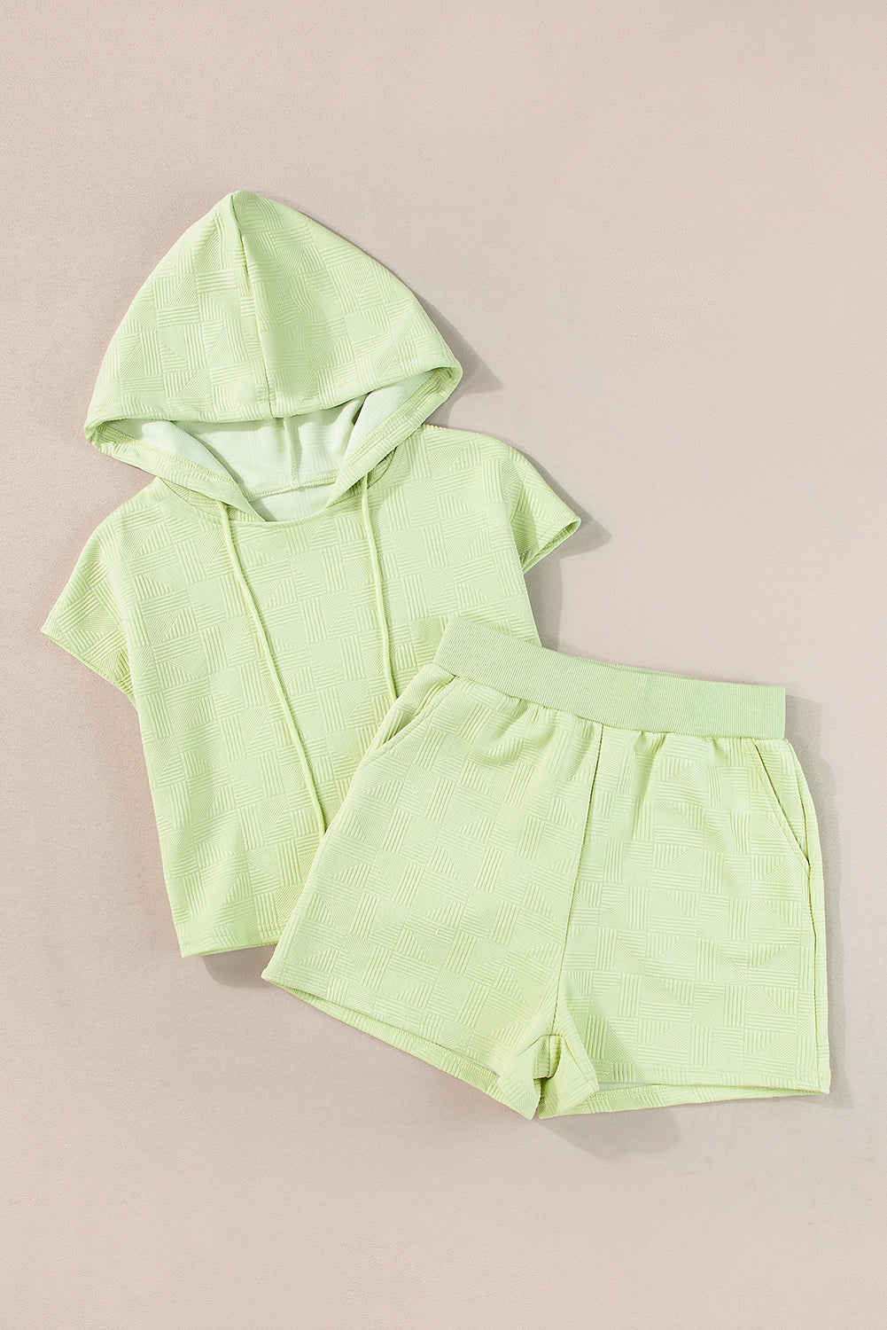 Witte getextureerde cropped hoodie en shorts set