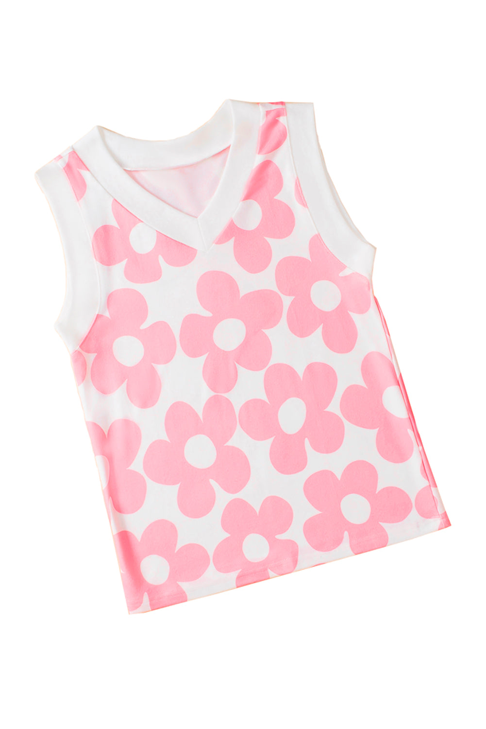 Roze schattige bloem gebreide tanktop met V-hals