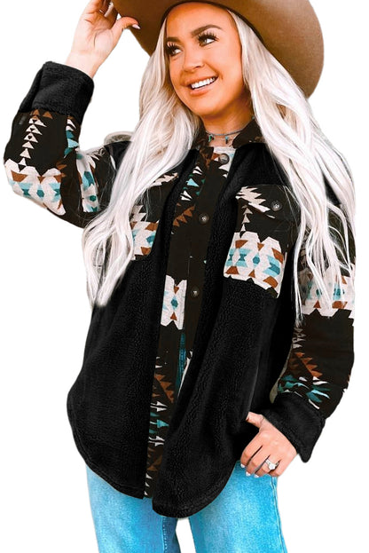 Zwarte Western Aztec Print Accent Fleece Shacket