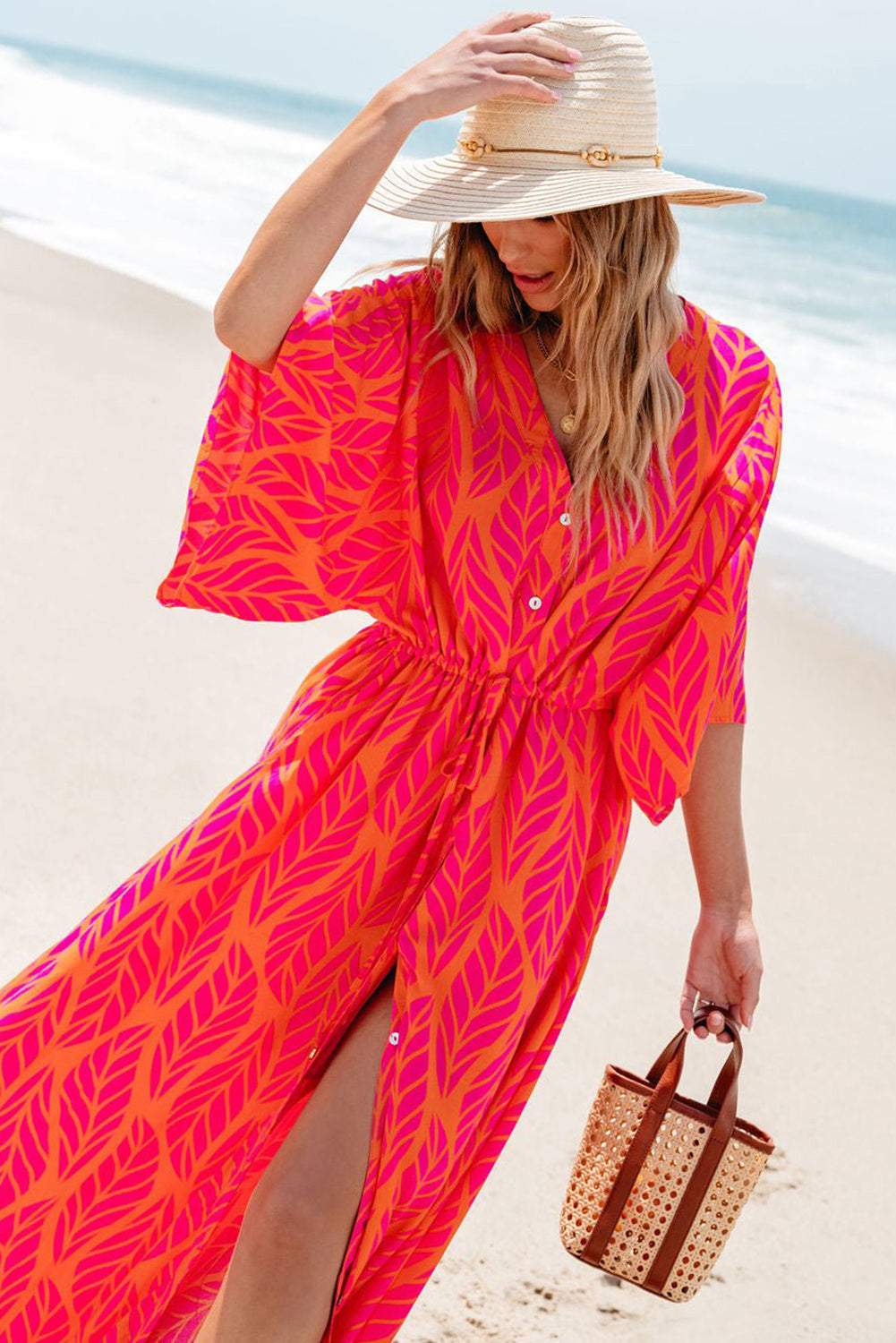 Orange Leafy Print 3/4 Sleeve V Neck Buttoned Split Maxi Dress