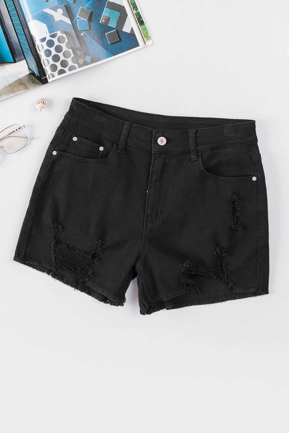 Rose Solid Color Distressed Denim Shorts