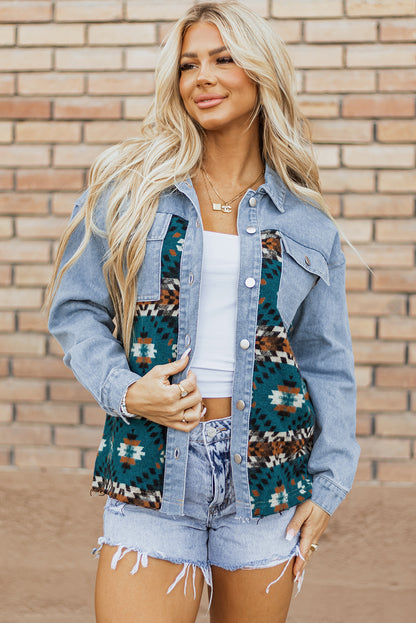 Blauwe Azteekse denimjas met print