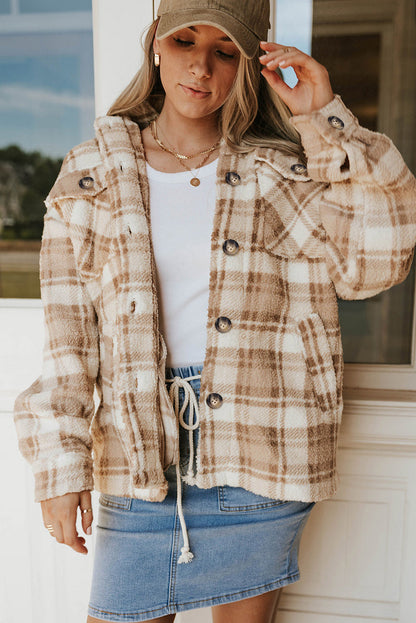 Khaki Sherpa Plaid-jas met knoopsluiting en zakken