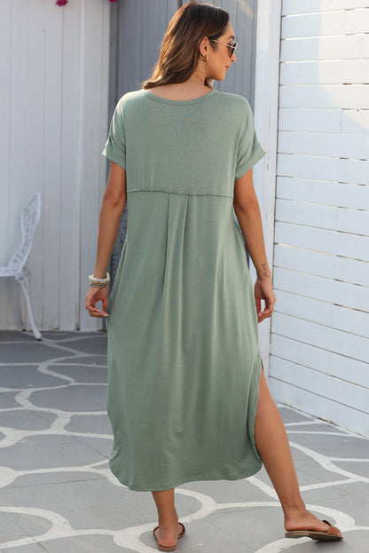 Black V Neck Hidden Pocket Splits Maxi T-shirt Dress