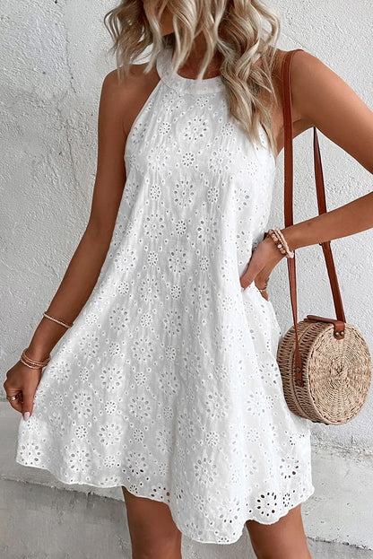 Witte Boho Halter Halter Mouwloze Jurk met Oogjespatroon