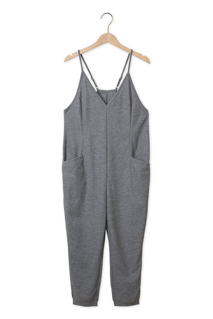 Grijze, getextureerde, mouwloze, V-hals, casual jumpsuit met zakken