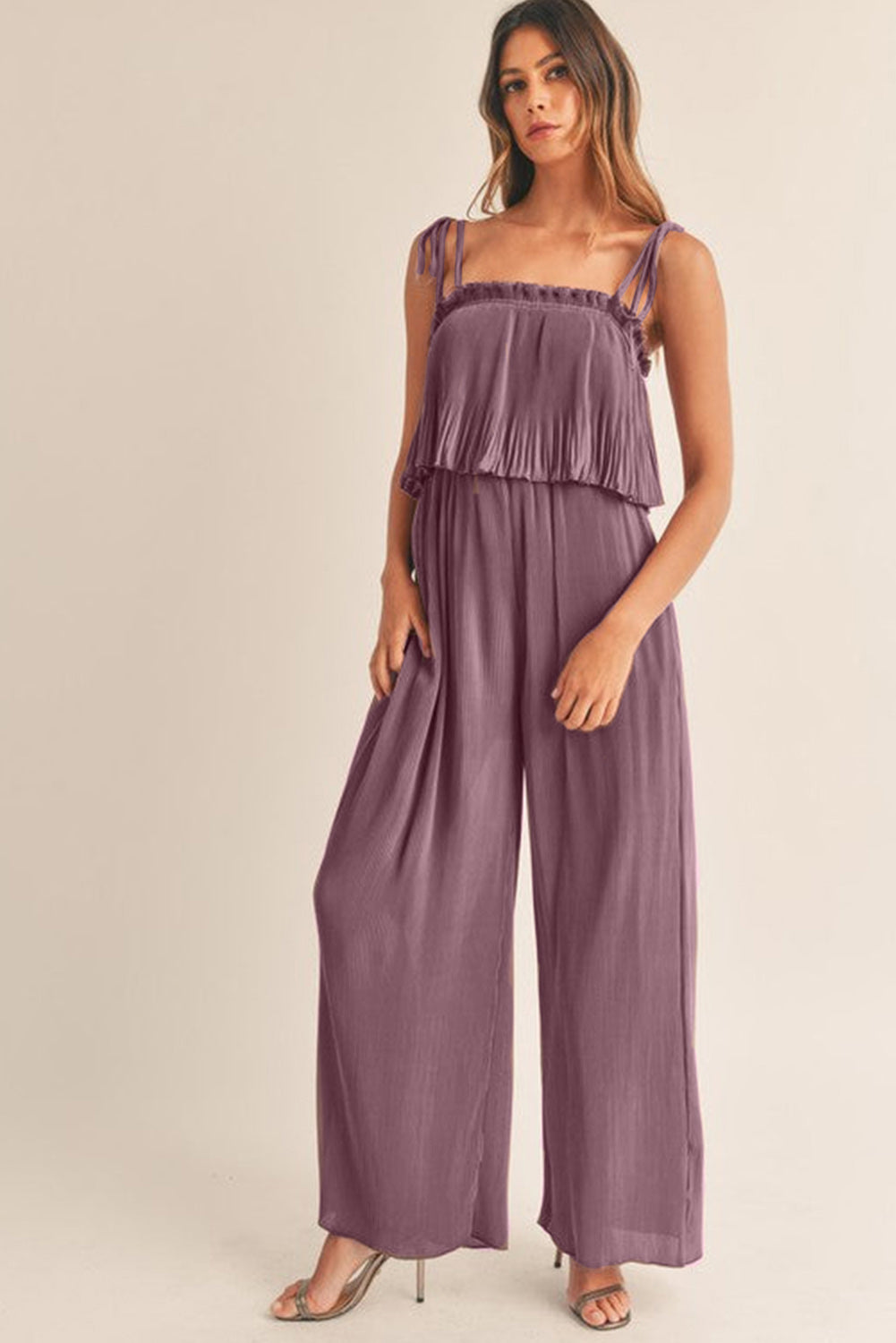 Rose Tan Solid Zelfstrikkende Bandjes Geplooide Wijde Pijpen Jumpsuit