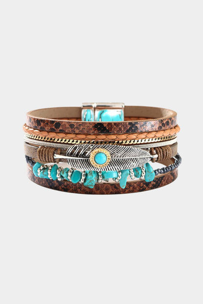 Bruine vintage turquoise meerlaagse leren armband 