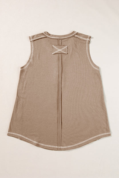 Licht Frans beige Henley tanktop met contrasterende stiksels en zichtbare naden