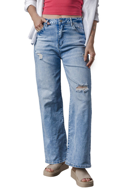 Lichtblauwe High Rise Distressed Straight Leg Jeans