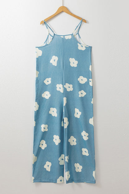 Blue Flower Wide Leg Loose Jumpsuit