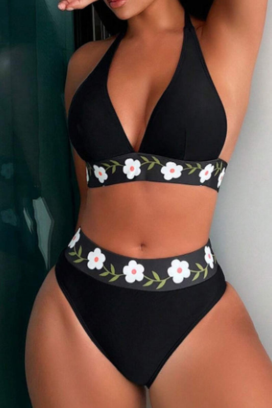 Maillot de bain taille haute à bandes florales noires