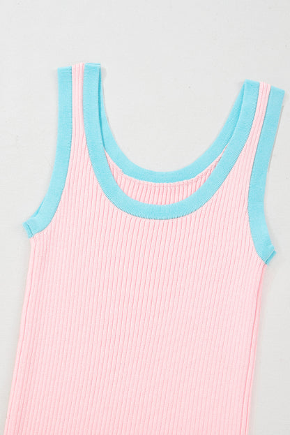 Zwarte geribbelde tanktop met U-hals en geribbelde rand met zwarte colorblock-rand