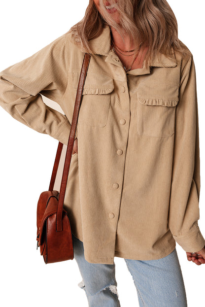 Licht Frans beige effen geplooide klepzak corduroy shacket met knoopsluiting