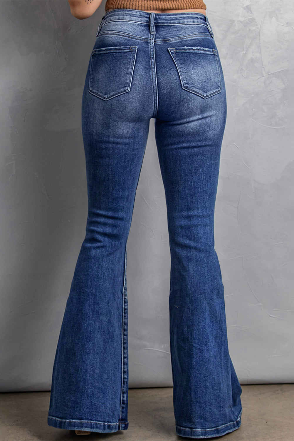 Donkerblauwe Plus Size Gestikte Gewassen Flare Jeans