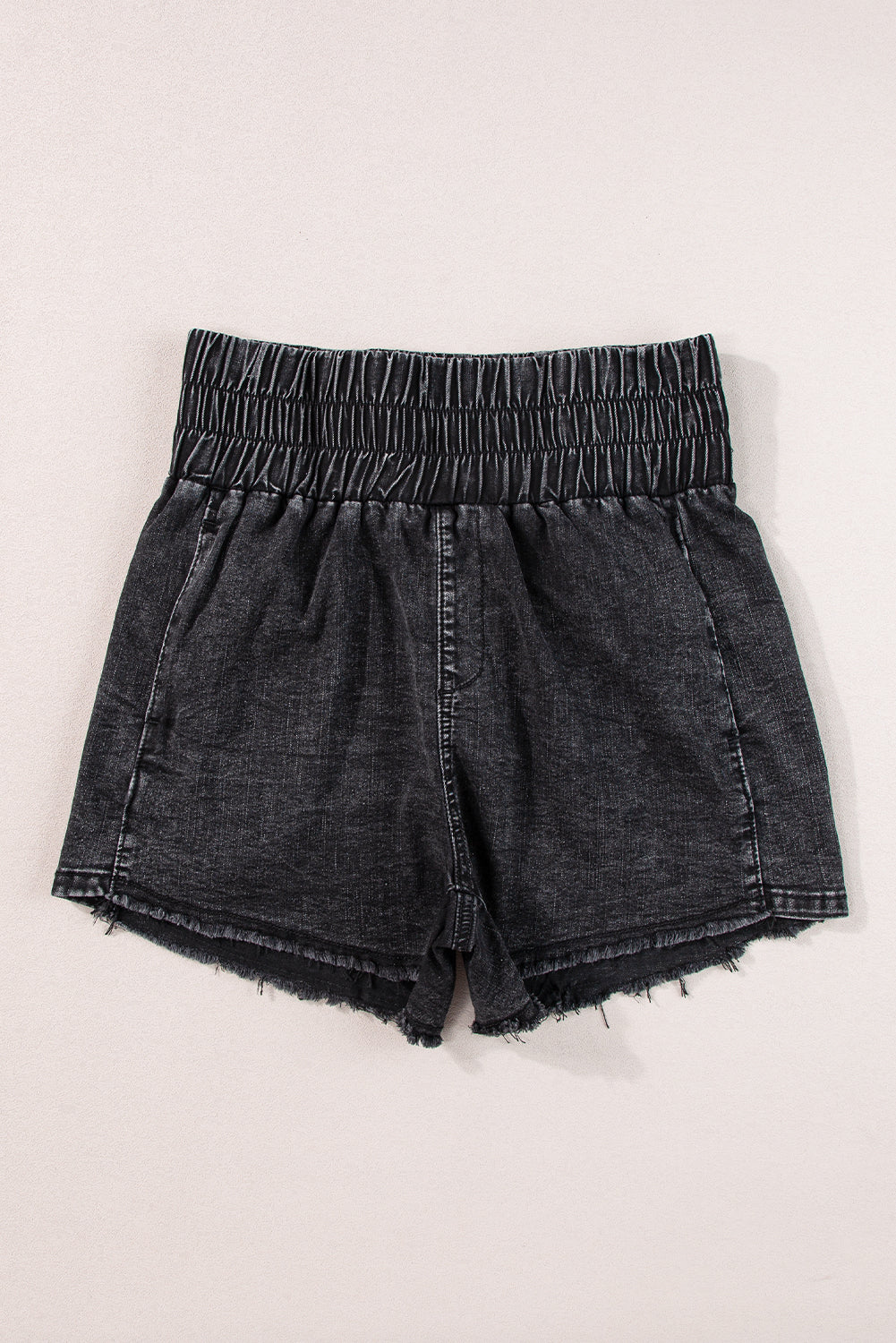 Black Smocked High Waist Mineral Washed Jean Shorts