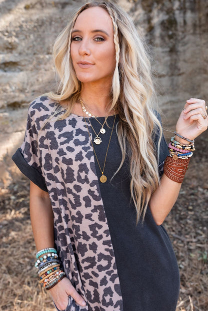 Gray Contrast Solid Leopard Short Sleeve T-shirt Dress with Slits