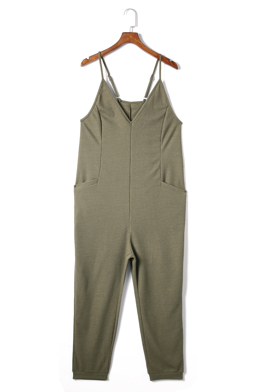 Grijze, getextureerde, mouwloze, V-hals, casual jumpsuit met zakken