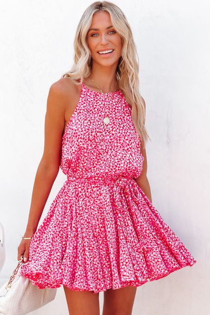 Roze luipaardprint mouwloze mini-jurk met tailleband