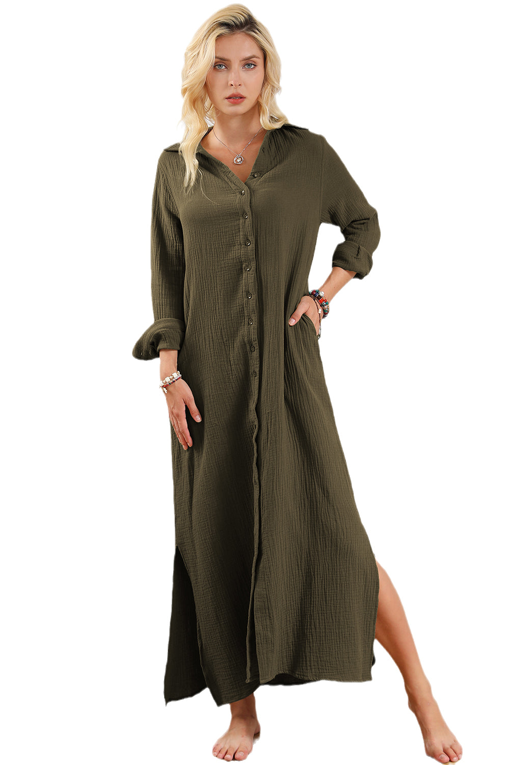 Groene gekreukte, casual split-shirt maxi-jurk met knopen