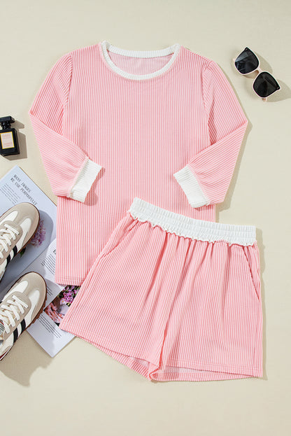 Roze Corded Colorblock Top met lange mouwen en shorts set