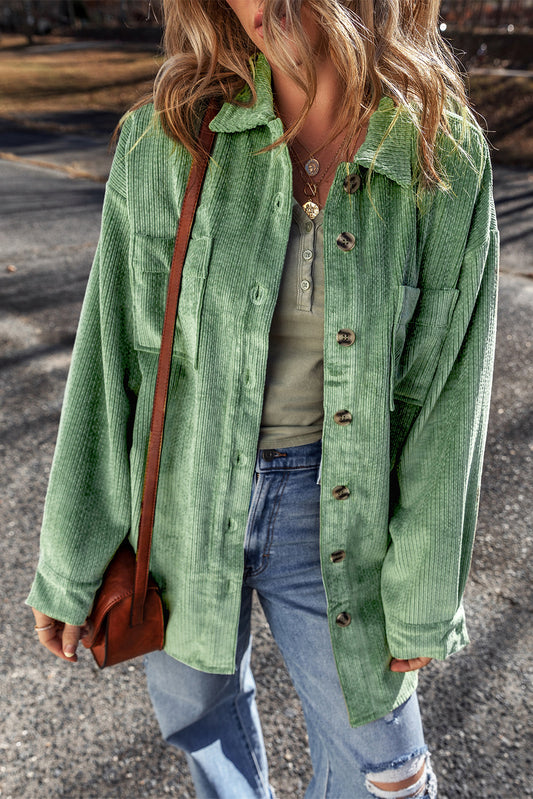 Mist Green Patched Pocket Button Up Corduroy Shacket