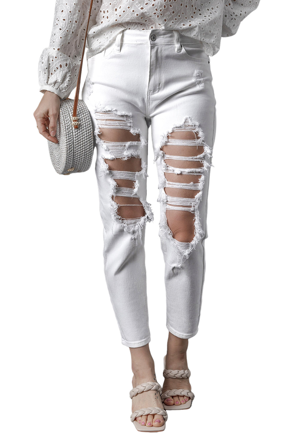 Witte gescheurde jeans met hoge taille en scheuren