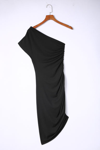 Black One-shoulder Short Sleeve Ruched Bodycon Dress