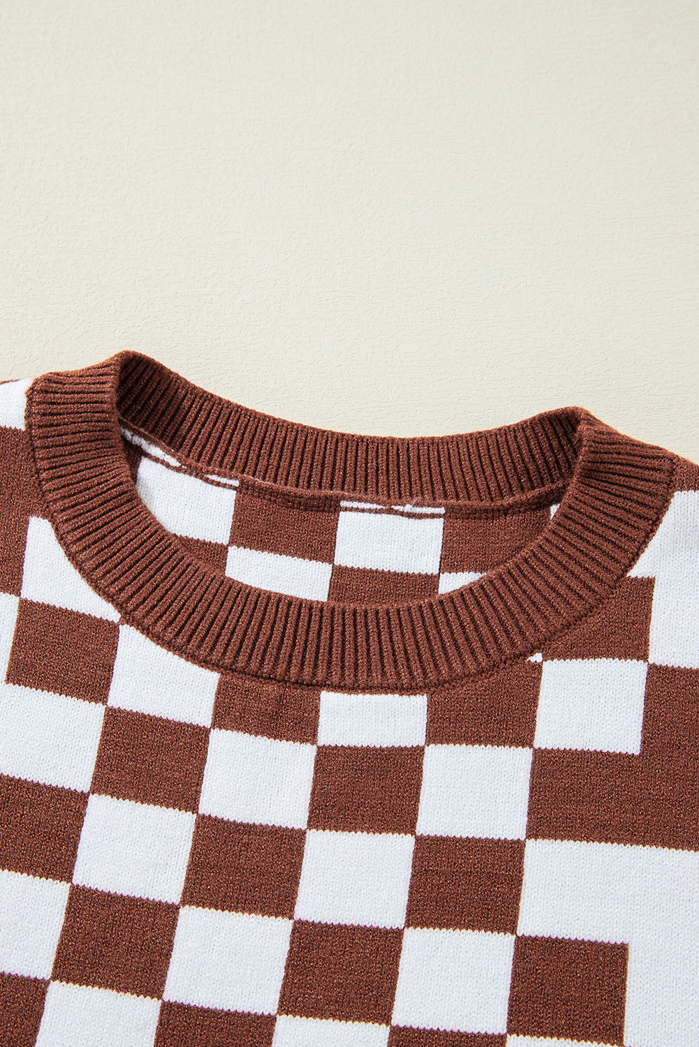 Khaki Checkered Print Drop Shoulder Round Neck Sweater