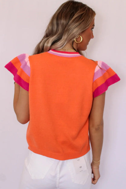 Turquoise Contrast Flutter Sleeves Knitted Sweater T Shirt