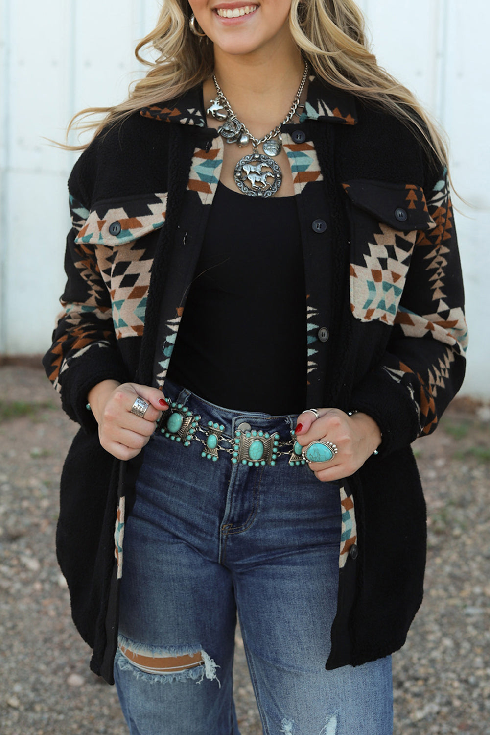 Zwarte Western Aztec Print Accent Fleece Shacket