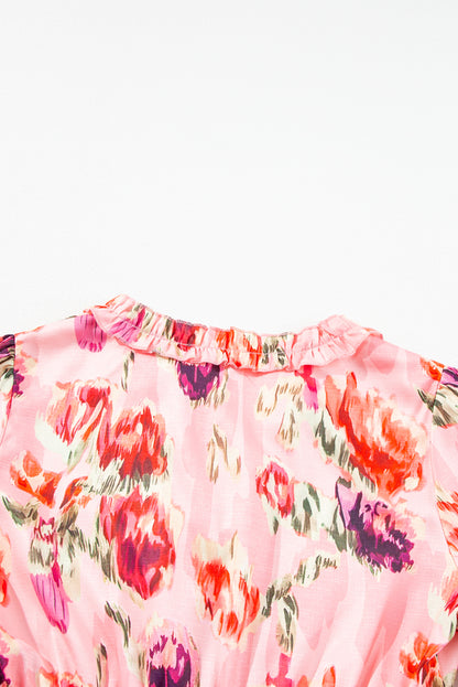 Roze abstracte print geplooide gesmokte hoge taille mini-jurk