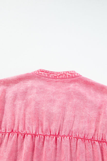 Roze geplooide korte mouwen denim mini-jurk met knopen