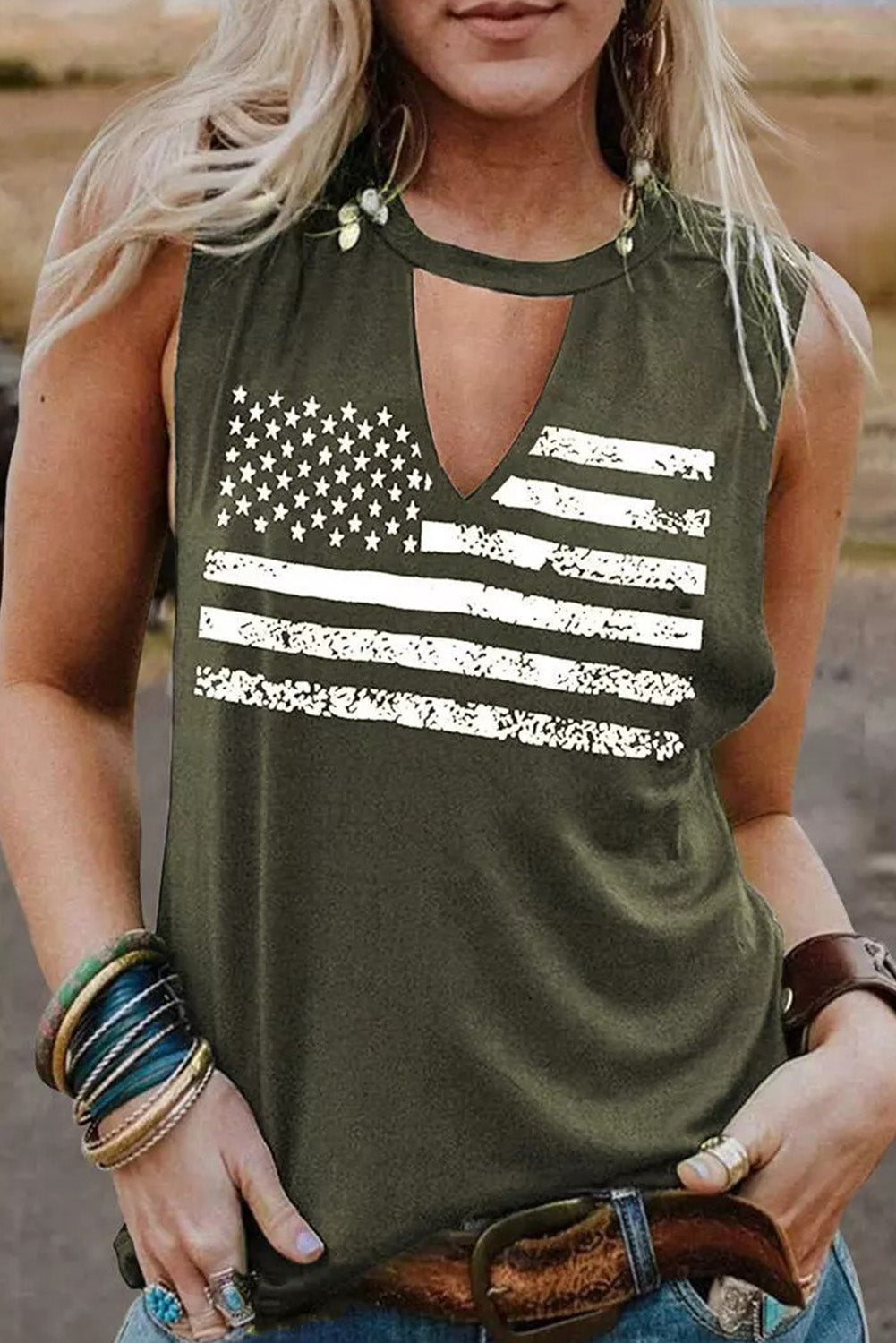 Groene uitgesneden tanktop met Amerikaanse vlagprint