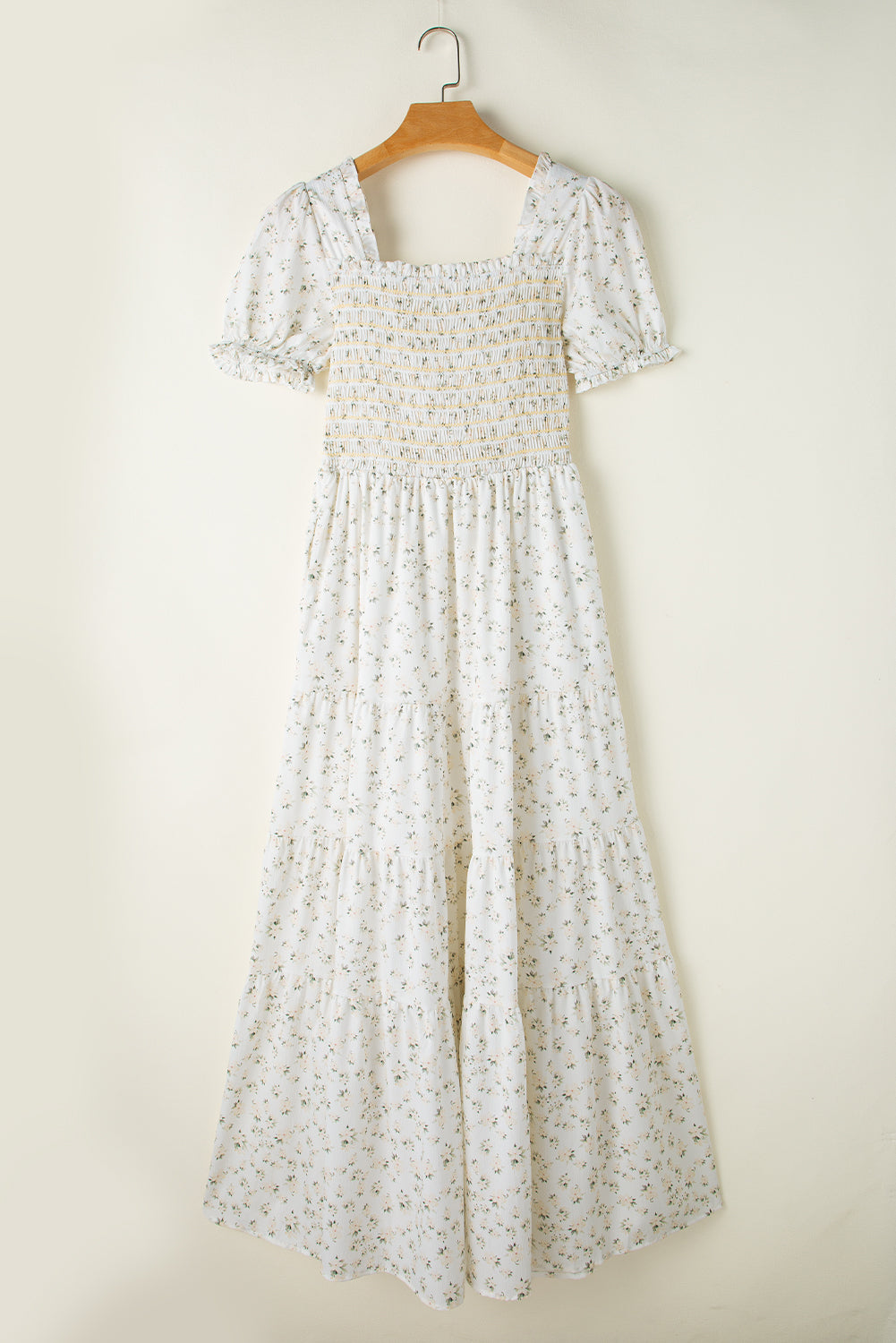 White Frilly Shirred Bodice Tiered Floral Maxi Dress