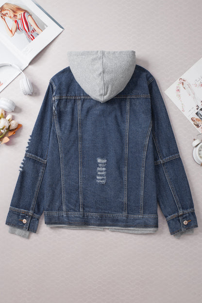 Donkerblauw nep tweedelig denim jack met capuchon en rits