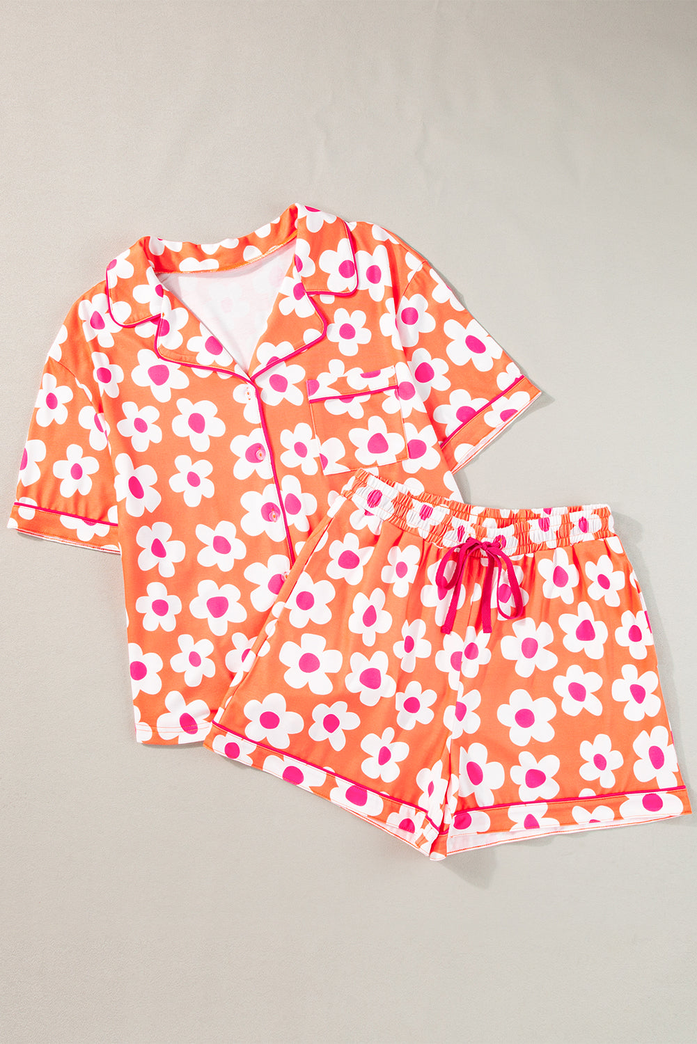 Pink Flower Print Short Sleeve Shirt Pajamas Set