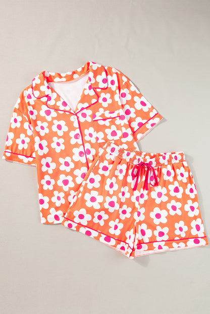 Pink Flower Print Short Sleeve Shirt Pajamas Set