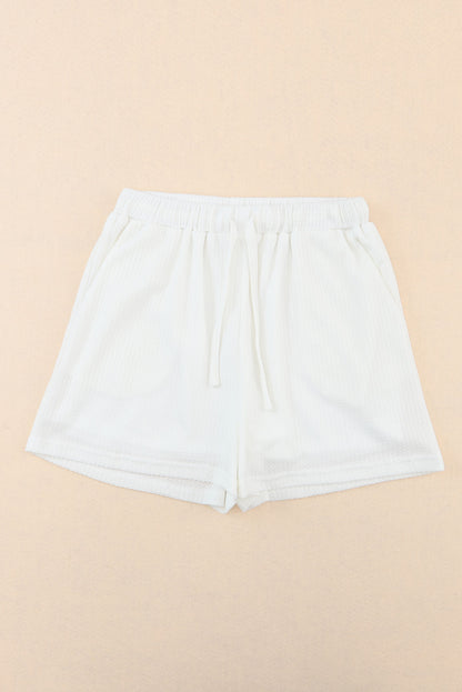 White Waffle Knit Lace-up High Waist Wide Leg Casual Shorts