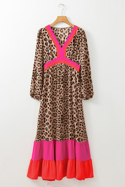 Brown Leopard Color Block V Neck Loose Fit Maxi Dress