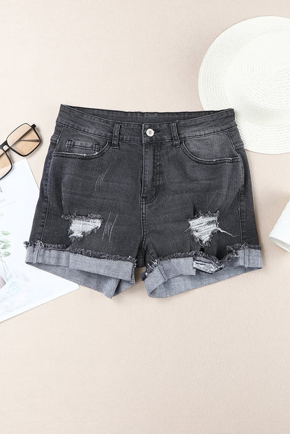 Distressed Ripped Rolled Hem Blue Denim Shorts